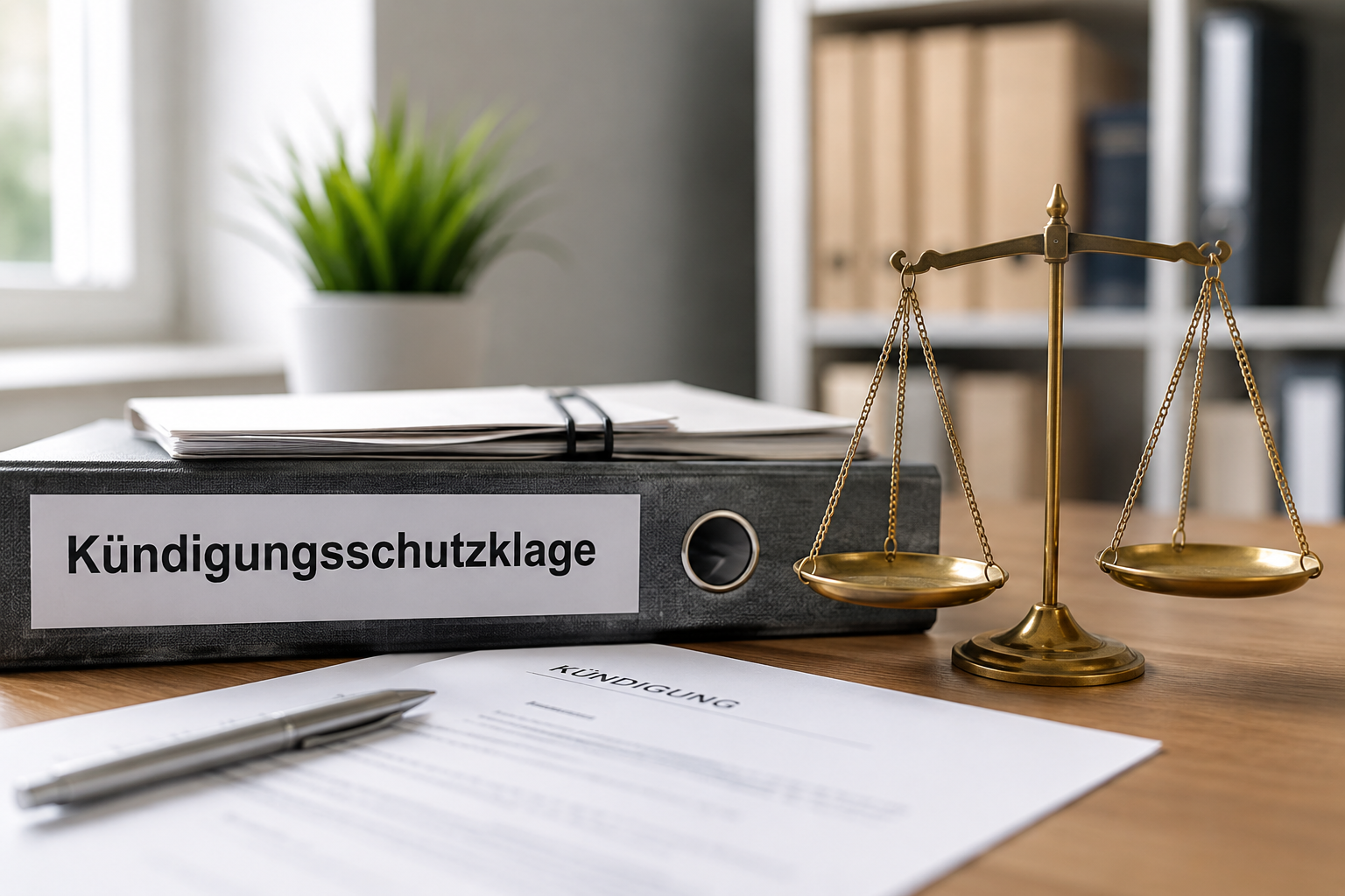 Ordner Kündigungsschutzklage Bürostillleben mit Schreibtisch und Ordner Kündigungsschutzklage sowie Waage
